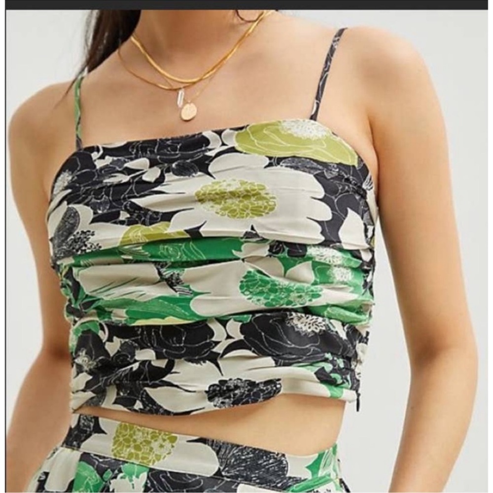 Anthropologie Cropped Floral Ruched Top Green Black Tank Camisole